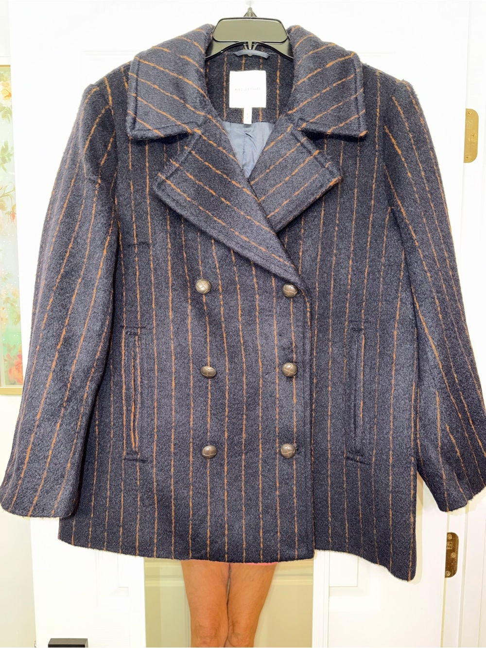 Avec Les Filles Double-Breasted Peacoat in Navy with Brown Pinstripes NWOT